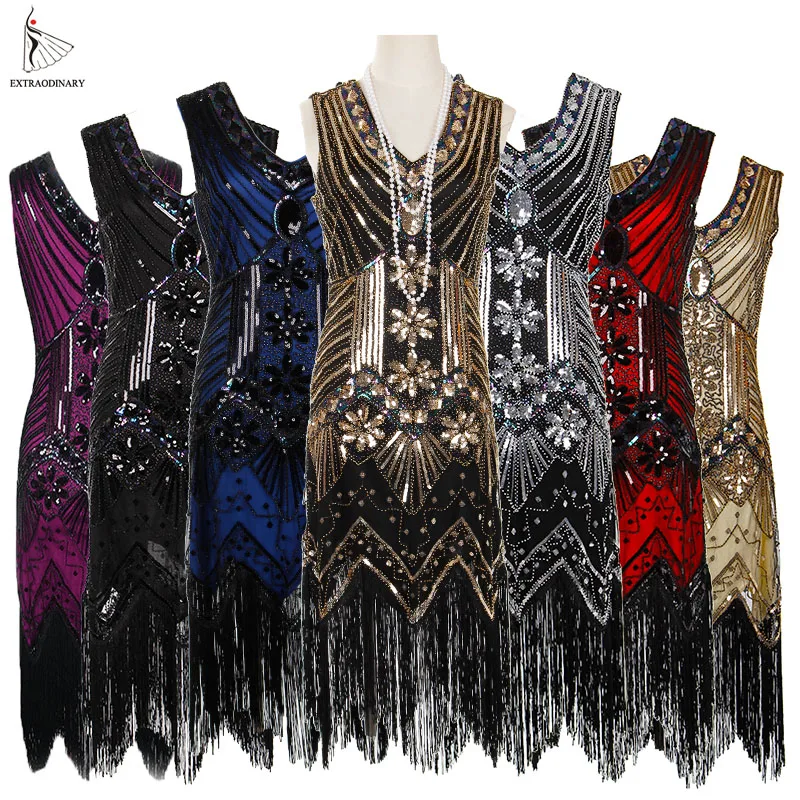 Kobiety 1920 s Vintage sukienka w stylu wielki Gatsby sukienka z cekinami V-Neck frędzle Bodycon zroszony Party Dress klapy sukienki Art Deco podwójne