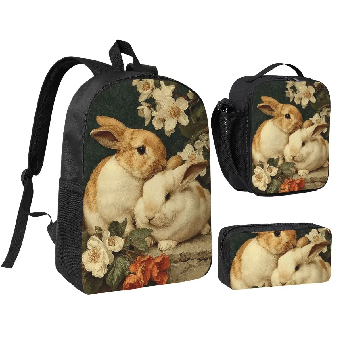 Two Whimsy Rabbit Backpack Boys Girls BookBag School Bag Shoulder Bags 3ps Insulated Lunch Bag Pencil Case