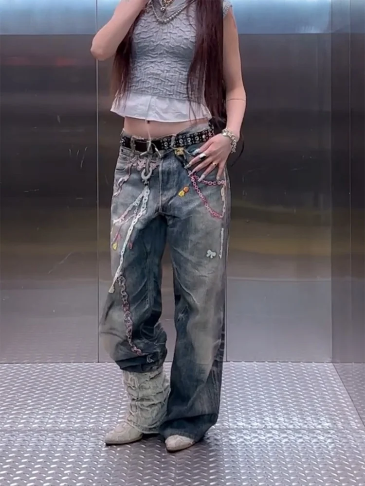 

Ретро-джинсы в американском стиле хип-хоп с цепями, женские, ультрамодные, удлиненные, для дерзких девушек, летняя коллекция