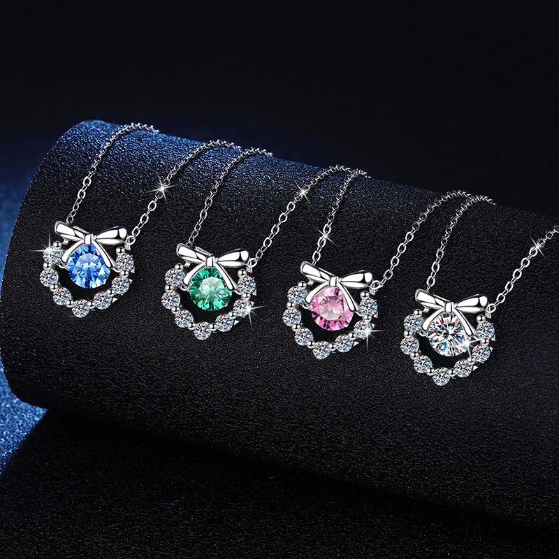 Platinum PT950 18K Gold Necklace Imported From The United States, Colored Moissanite 1 Carat Dynamic Bow Moissanite Necklace
