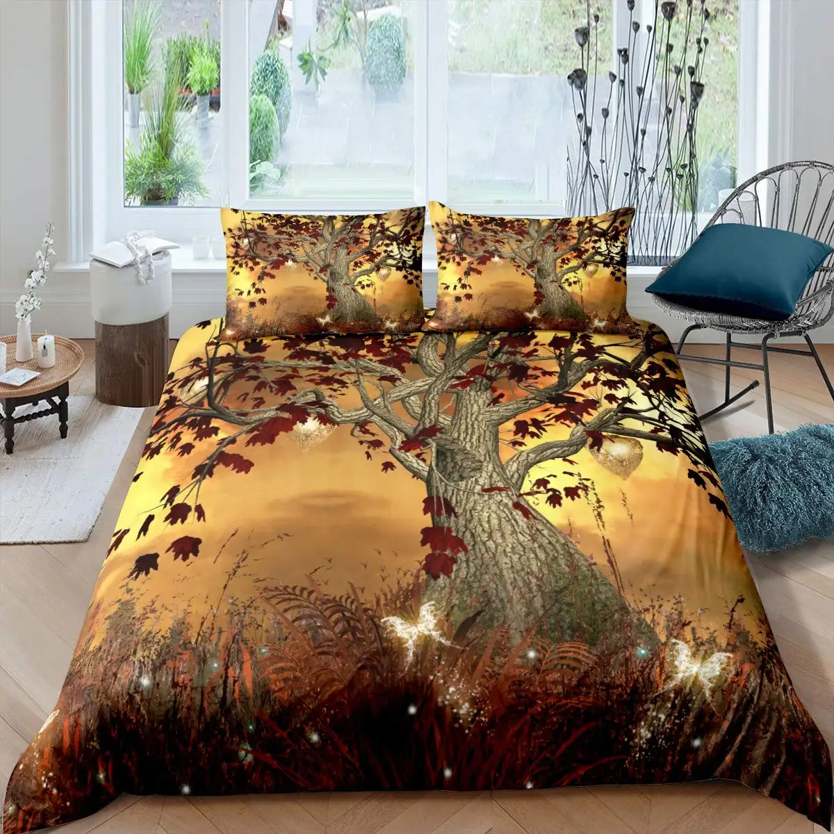 Tree of Life Duvet Cover Set Natural Scenery Bedding Set Botanical Branches Comforter Cover Autumn Leaves King Size Quilt Cover