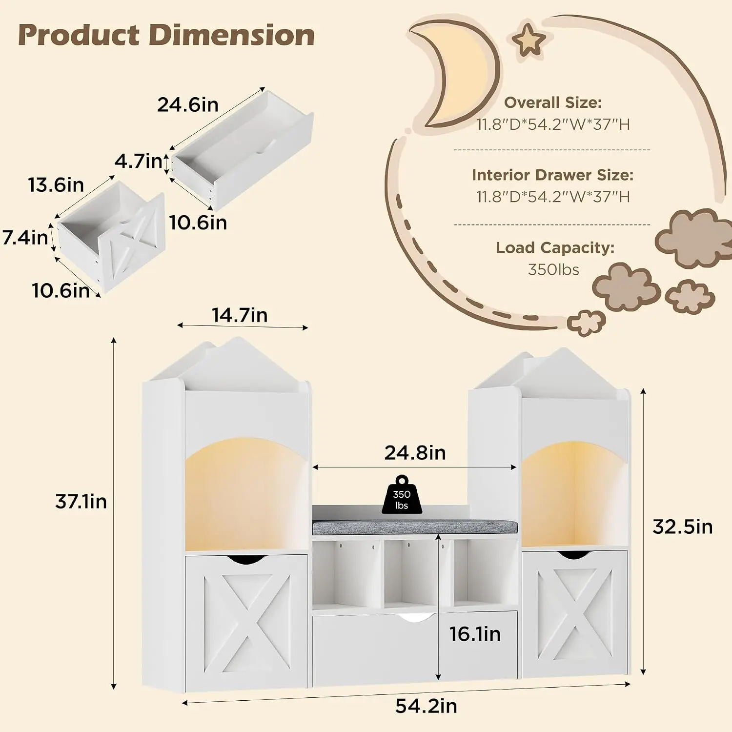 Castle Shaped Kids Bookshelf Reading Nook White Toy Storage Organizer LED Lights Bookcase 3 Removable Drawers 5 Cubbies Nursery