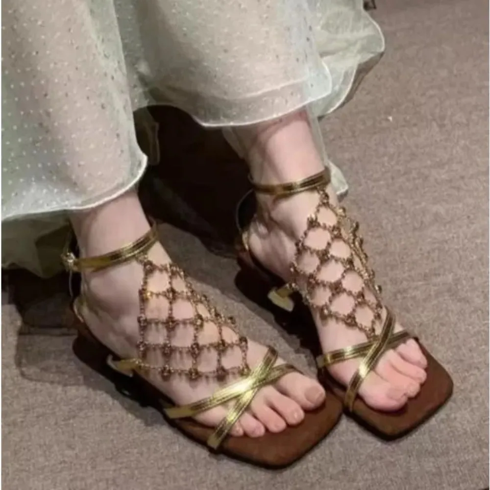 Temperament High Heels Women Summer Square Toe Open Toe Rhinestone Metal Mesh Strap Alien Heel Roman Sandals
