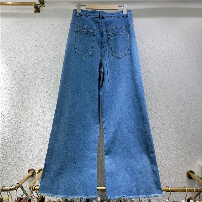 New Casual Hot Diamond Beads Butterfly High Waist Elastic Jeans Women's Wide Leg Floor Pants Summer 2025 Trendy Loose Trousers