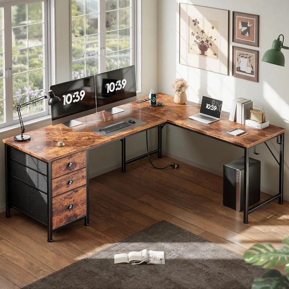 63 Rustic Brown L-Shaped Desk with Power and USB-C Ports, Reversible for Home Office, Gaming, Writing