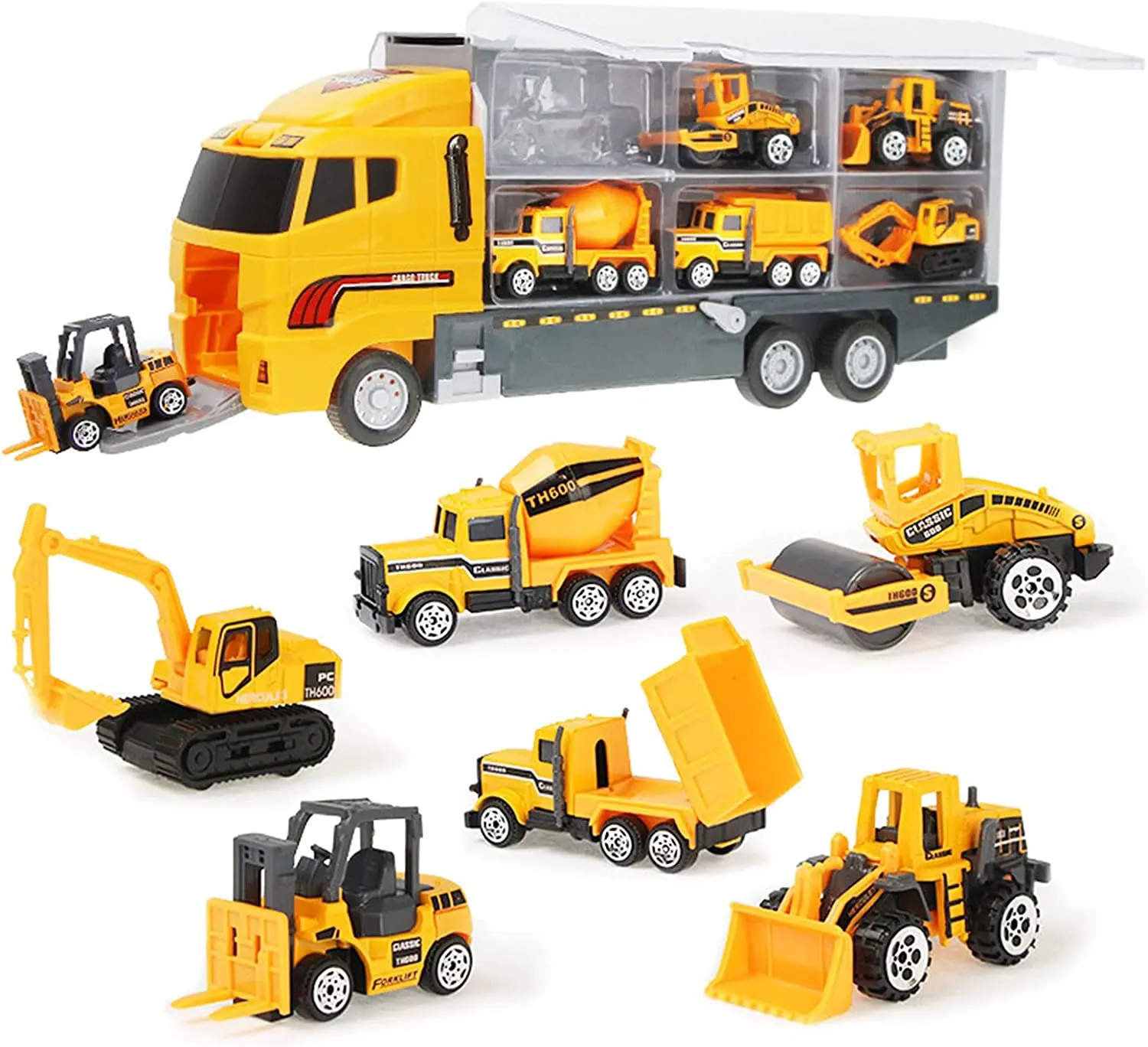 

7 in 1 Construction Cars and Trucks Toy Truck Carrier Toy Set Little Die-cast Vehicles Excavator Backhoe Mixer Dump Truck Cars