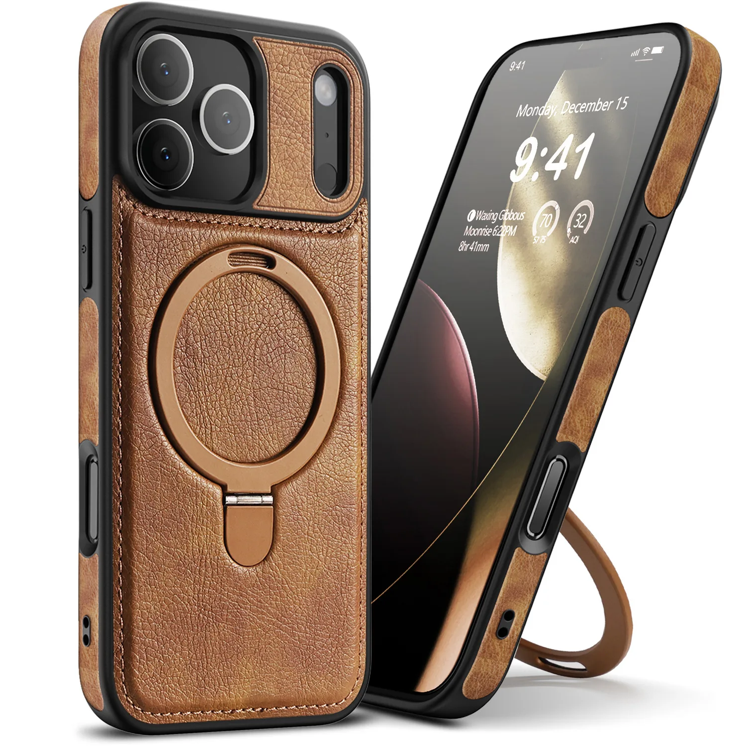 Faux Leather Magnetic Phone Case for iPhone 18 Pro Max with Metal Ring Stand Raised Edges and Stitched Details for Office Trave