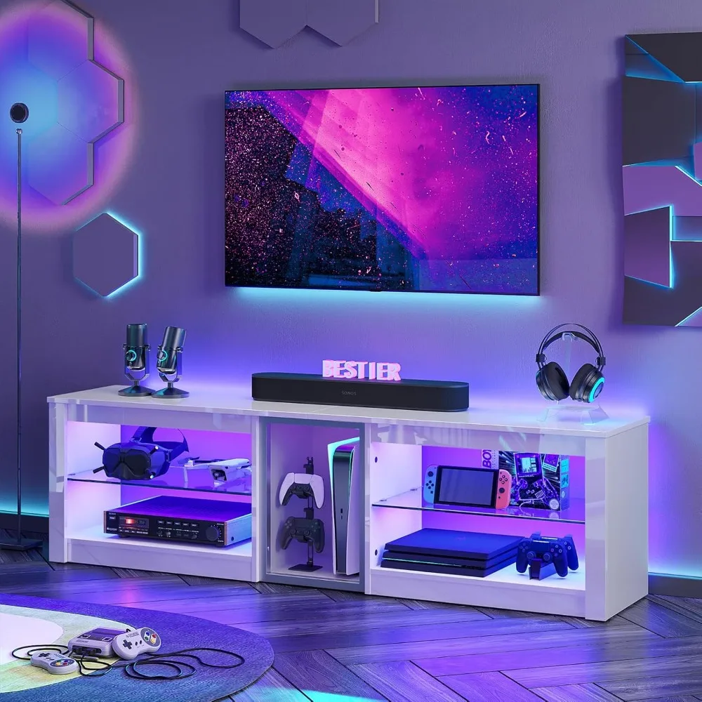 

High Gloss TV Stand for 70 inch TV, Gaming Entertainment Center for PS5, LED TV Cabinet with Glass Shelves for Living Room, 63'