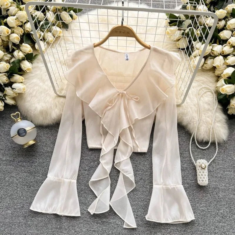 Fashion Patchwork Ruffles Chiffon Women\'s 2024 Summer Solid Color Butterfly Sleeve Short V-neck Cardigan Bandage Ponchos Coats