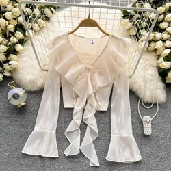 Fashion Patchwork Ruffles Chiffon Women's 2024 Summer Solid Color Butterfly Sleeve Short V-neck Cardigan Bandage Ponchos Coats