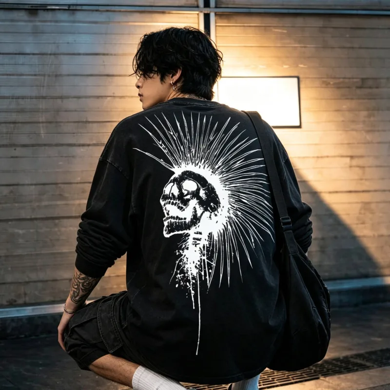 HKSH Spring Autumn New Men Tide Chic Ins Dark Y2K High Street Metal Rock Skull Print Long-Sleeve T-shirt Punk Heavy Tees HK28870