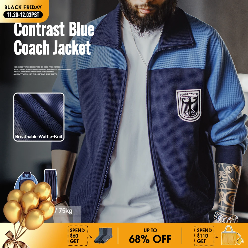 

Мужская винтажная контрастная темно-синяя куртка Maden, тренировочная куртка вафельной вязки, дышащая верхняя одежда с воротником-стойкой на весну и осень