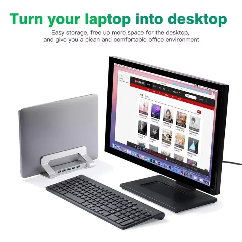 Low-cost aluminum alloy desktop storage rack, vertical laptop stand, hub with 4 USB ports, monitor stand, laptop stand