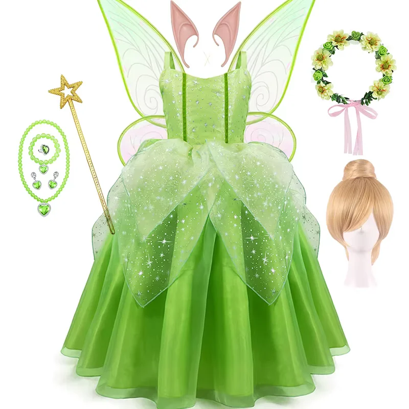Vestido de hadas para niñas, vestido de hada de flores verdes de princesa para niños con alas, disfraz de princesa, vestidos de fiesta Tinkerbell