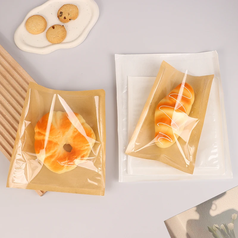 10Pcs Disposable Kraft Paper With Window Bread Packaging Bags Oil-proof Breakfast Cookie Bread Supplies Party Food Bags