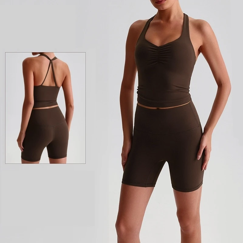 

2 Pieces Yoga Shorts Set Gym Fitness Suit Women Workout Clothes High Waist Shorts Cross Back Sports Bra Top Running Tracksuit