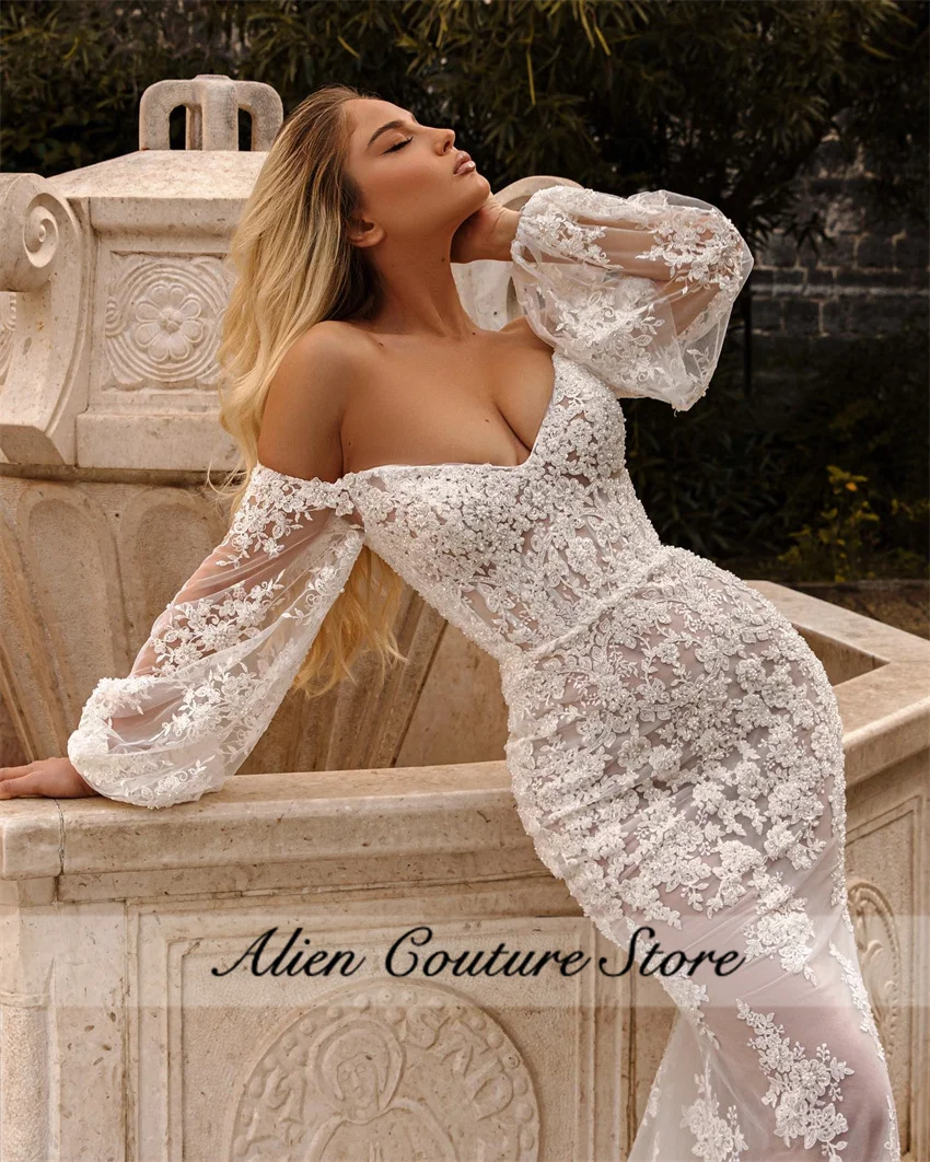 Splendido abito da sposa a sirena maniche lunghe perline perle applicazioni in pizzo elegante vestido de noiva abito da sposa formale personalizzato