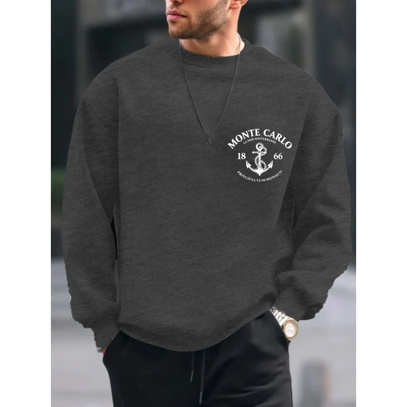 سويت شيرت رجالي أسود مونتي كارلو 1866 طباعة مرساة قطن عالي الجودة ملابس غير رسمية للرجال #3