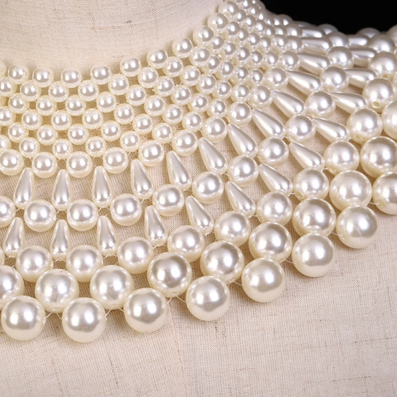 ชุดแต่งงานสร้อยคอ Fanshape Pearl Beaded Bib Choker ผ้าคลุมไหล่ Dropship