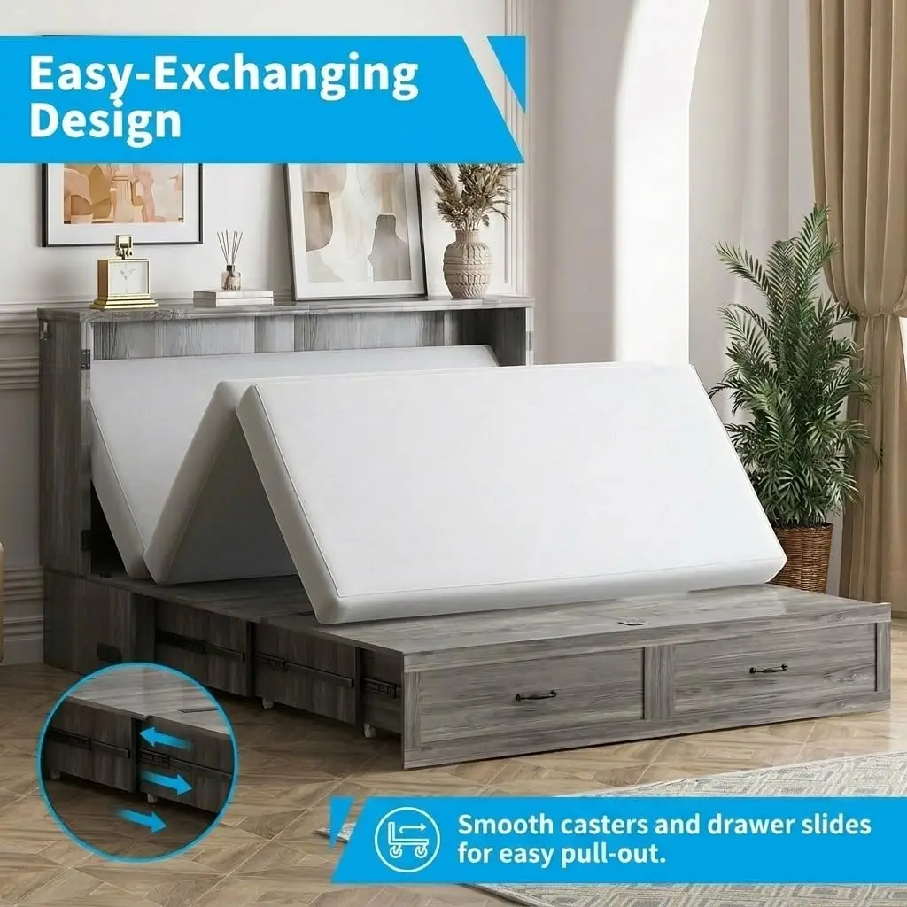Queen Murphy Bed Cabinet Tri-Fold Mattress Charging Station Hidden Storage Drawers Space Saving Chest Wall Bed, Customized view 5