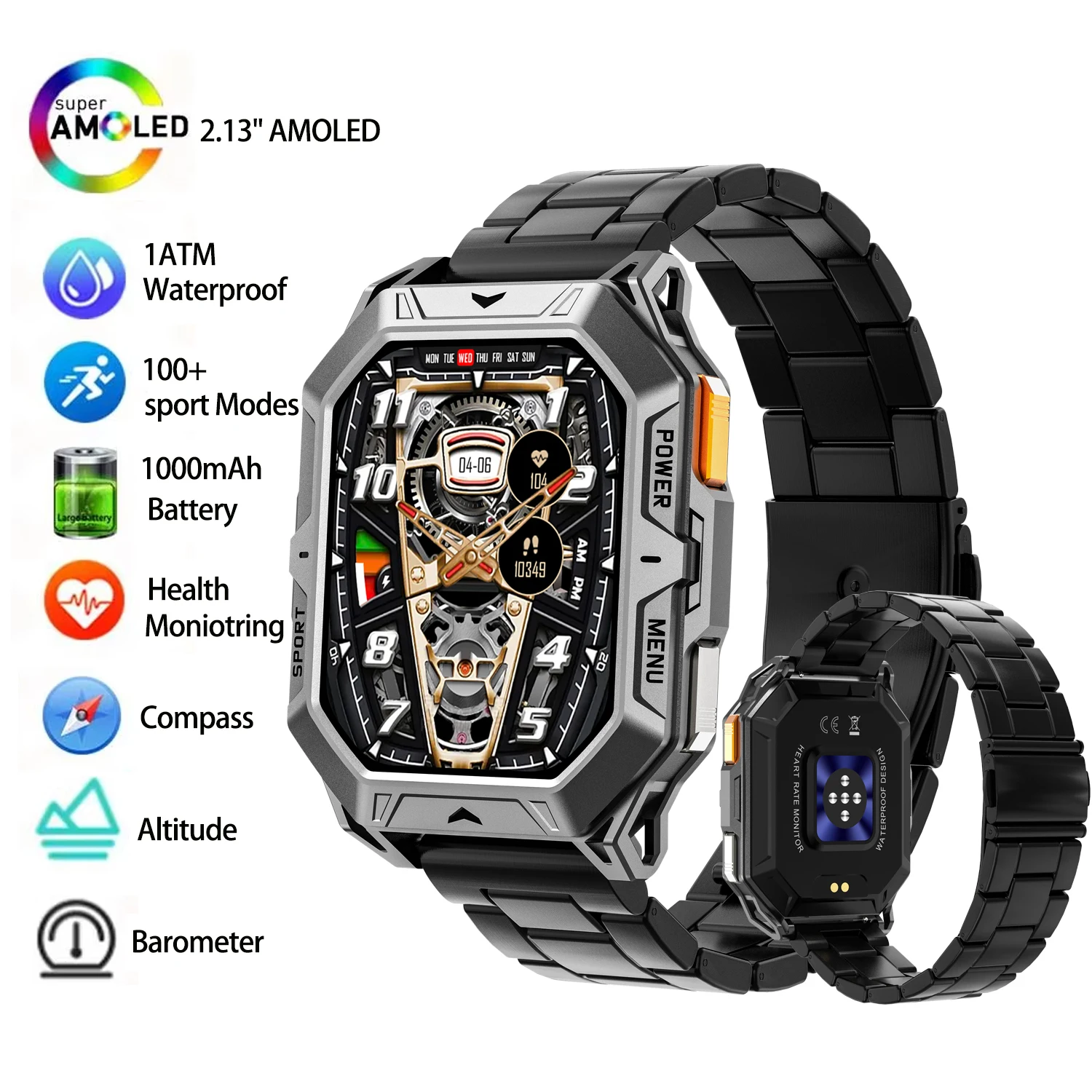 Montre connectée sportive avec batterie de 1000 mAh, écran AMOLED HD de 2,13 pouces, 100 jours d'autonomie en veille, étanche 1ATM, altimètre barométrique, boussole