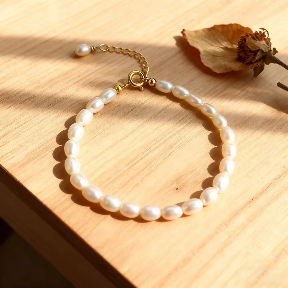 

YWYC 4-5mm Rice Shape Freshwater Pearl Bracelet for Women 16cm 18cm 20cm Adjustable 925 Sterling Silver Bracelet Jewelry Gift
