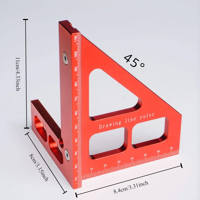 Penggaris segitiga aluminium metrik Inggris 45 °/ 90 °, penggaris ukiran multifungsi alat pertukangan