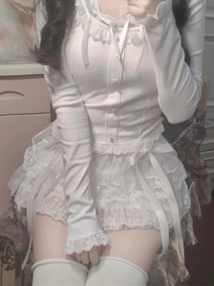 Deeptown Sweet Kawaii Skirts Women Lolita Coquette Lace Bow Patchwork Mini Skirt White High Waist Cute Summer A-line Short Skirt