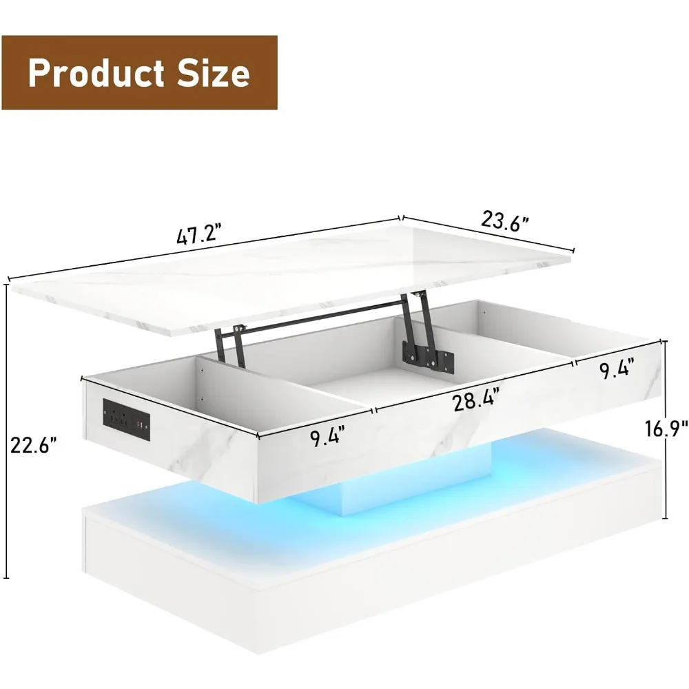 Mesa de centro de 47,2 pulgadas, LED con Estaca de carga, compartimento de almacenamiento oculto, mesa elevada para sala de estar, mesa de centro elevada