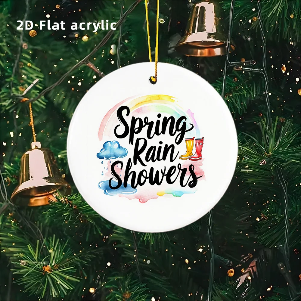 تصميم مسطح ثنائي الأبعاد 1 قلادة أكريليك دائرية مع موضوع زنبركي يتميز بألوان مائية وسحابة قوس قزح وقطرات المطر وتصميم أحذية المطر