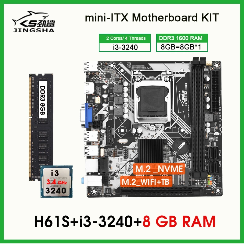 H61 LGA 1155 mini ITX Desktop Motherboard Set kit With 3.3GHZ Cpu i3 3240 and DDR3 8GB Memory Set Assemble SSD M.2 WIF VGA