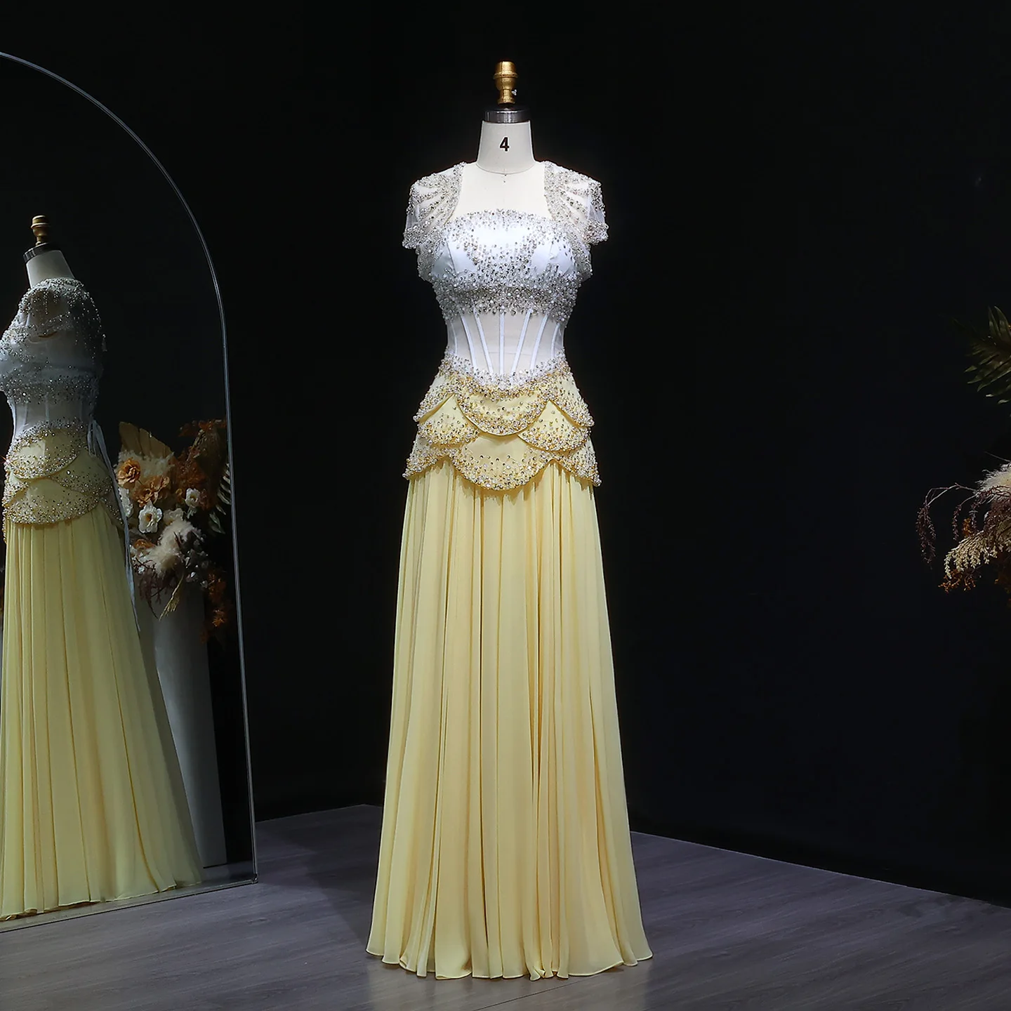 Sharon Said Elegant White and Yellow Chiffon Corset Celebrity Evening Dress with Jacket Flare Sleeves Luxury  SS286 SSCustomize