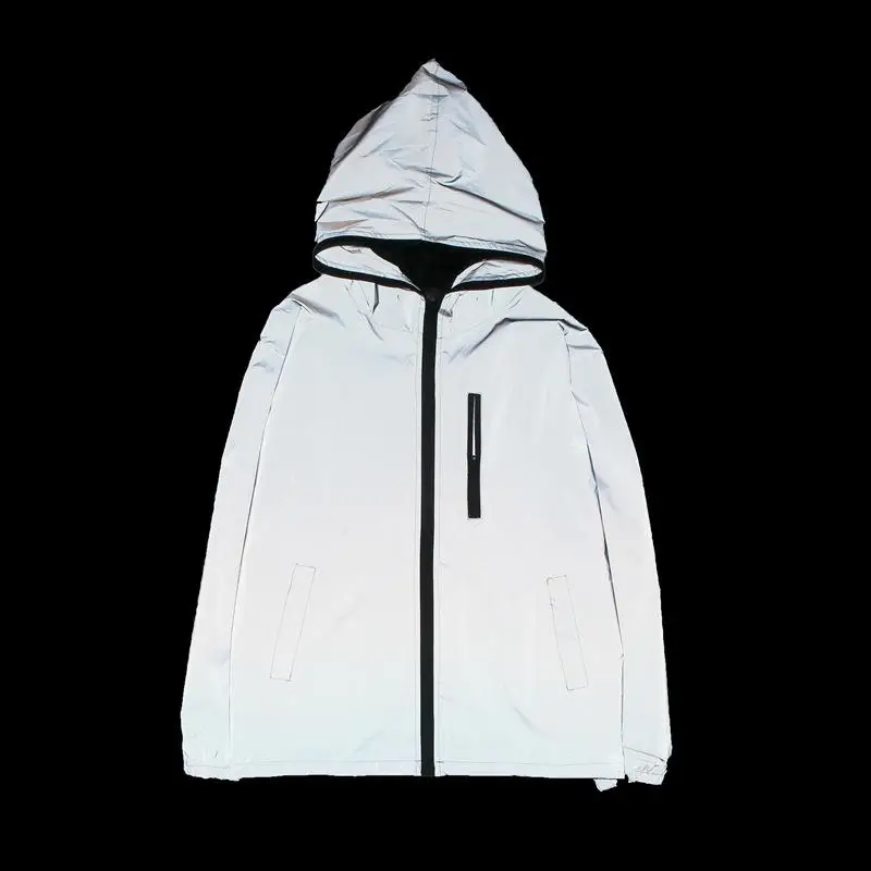 

Reflective Hooded Jacket Sporty Student Windbreaker Couple's Outfit Standard Fit Zipper Decorated Cleanfit Style Autumn Wear