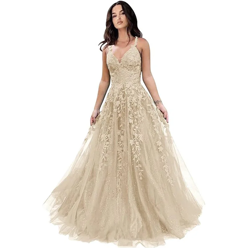 Dostosowane suknie wieczorowe A Line Spaghetti Straps Appliques Tulle Prom Birthday Party Gowns Formal robes de soirée