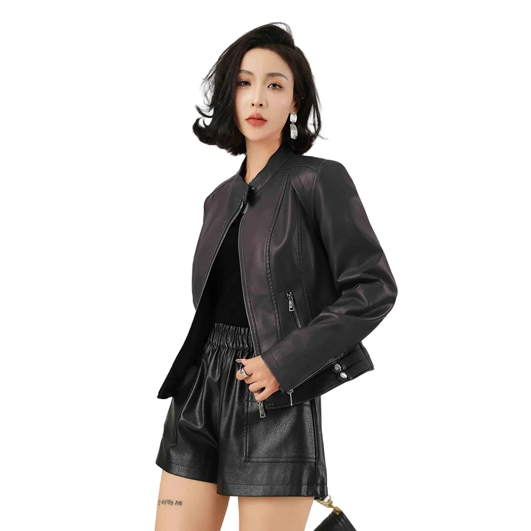 Abrigos de Pu para mujer, abrigo corto de piel sintética con cuello levantado, manga larga, ropa de calle ajustada Y2k, chaquetas con cremallera, chaqueta elegante Sexy 2025