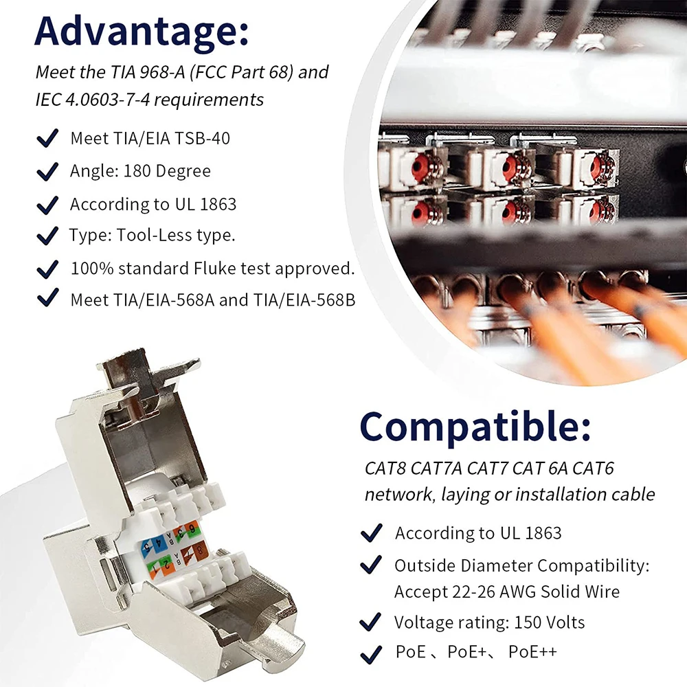 Cat6a cat7 cat8 keystone jack cat7 rj45 stp tipo sem ferramenta módulo de liga de zinco jacks adaptador acoplador para 22 a 26 awg fio sólido