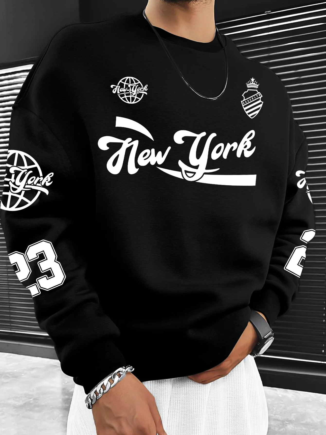 USA New York Style 23 Print Oversized Crewneck Sweatshirt Men's Vintage Streetwear Jersey Pullover，S-XXL