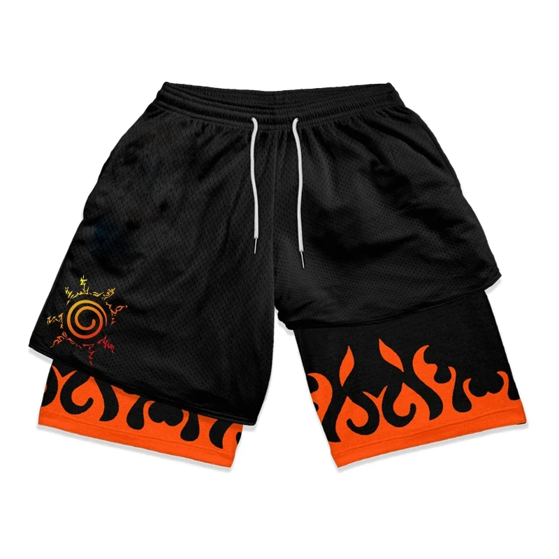 Calções de Duas Camadas, 2 em 1, Masculino, Estampado, Casual, Respirável, Cordão, Esportes, Fitness, Corrida, Desempenho