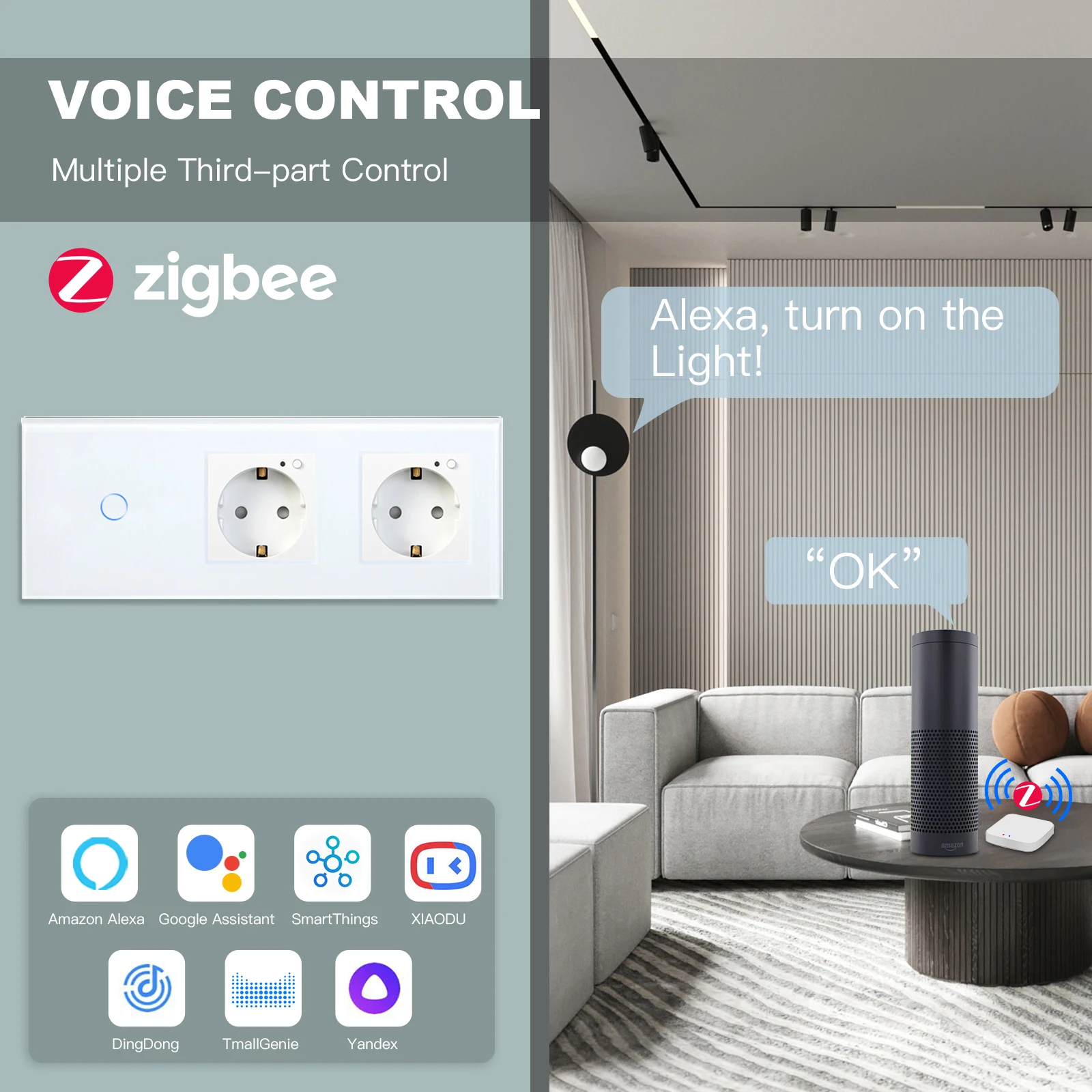 Bseed EU Standard Zigbee Smart Switch 1/2/3 Gang With Double Zigbee Socket Google Home Alexa Smart Life App Voice Control