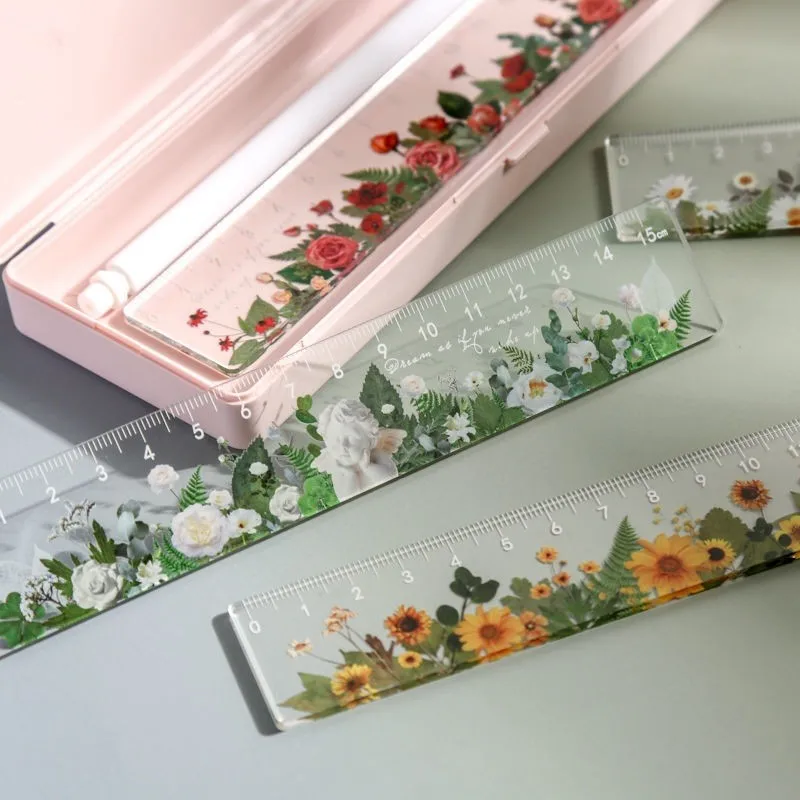 Transparent Ruler Drawing Tool Student Aesthetic Stationery Rose Pattern Pretty School Supplies Accessories Architecture Ruler