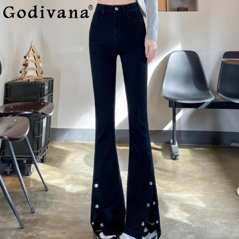 

Large Size 2XL-6XL Black High Waist Sweet Split Split Jeans Girl Spring Autumn Fashion Versatile Mopping Floor Flared Pants