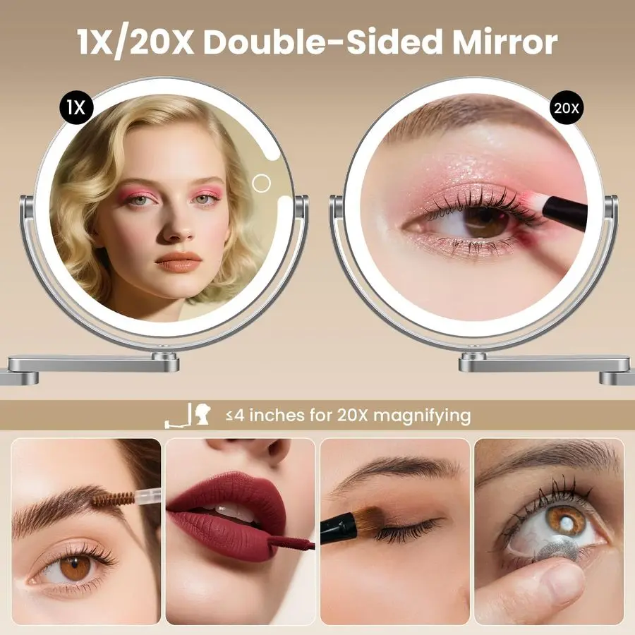 Mounted Makeup Mirror with Lights, 8inch 20X 1X Magnifying Mirror, Rechargeable LED Vanity Mirror with 3 Color Lights, 360 Swive