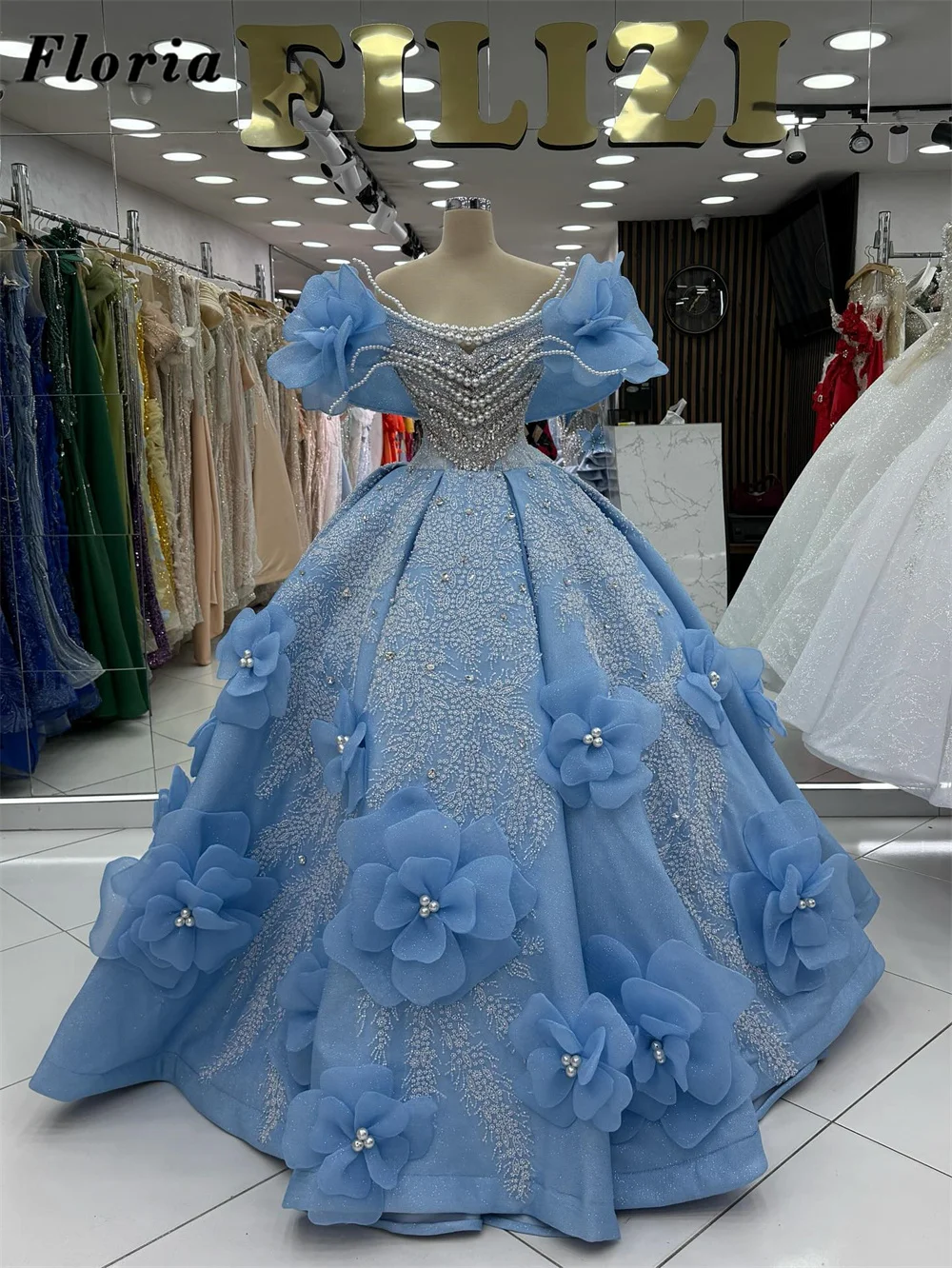 

Роскошное небесно-голубое бальное платье Вечерние платья с цветочным принтом и бисером и блестками Коктейльное платье для помолвки Индивидуальные вечерние платья Robes De Soiree