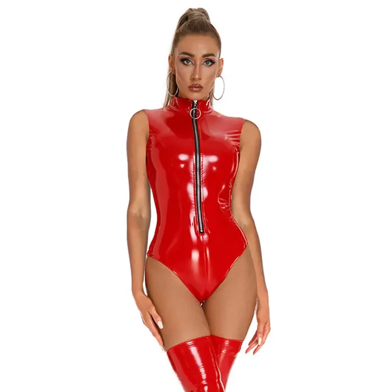 

Women Shiny Leather Tank Bodysuit Zipper Open Breast Exposed Glossy PVC Leather Skinny Leotard Sleeveless Shaping Latex Bodycon