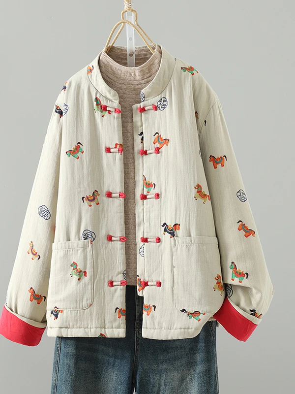 

High-End Women's Cotton Jaet Thiened Casual Vintage Chinese Sle Buttoned Inner Wear Long Sve Stand Collar Winter Coat