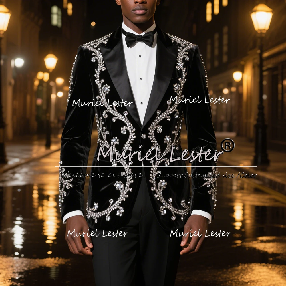 

Luxury Beaded Stones Suits Men 2 Pieces Sets Peaked Lapel Groom Blazers Pants Customized Wedding Tuxedos Skinny costumes hommes