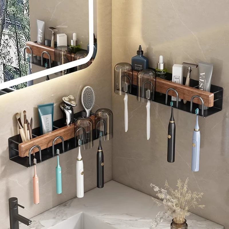 Bathroom Toothbrush Wall Mounted Holder Walnut Wood Storage Rack Bathroom Organizer Toothbrush Storage Toothpaste Holders