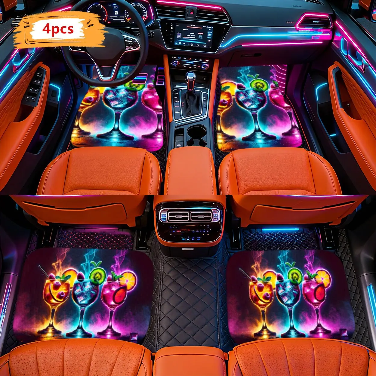 4pcs Pop Art Style Colorful Cocktail With Fruit Car Floor Mats | Durable Polyester, Non-Slip, Easy To Clean, Universal Fit, Perf
