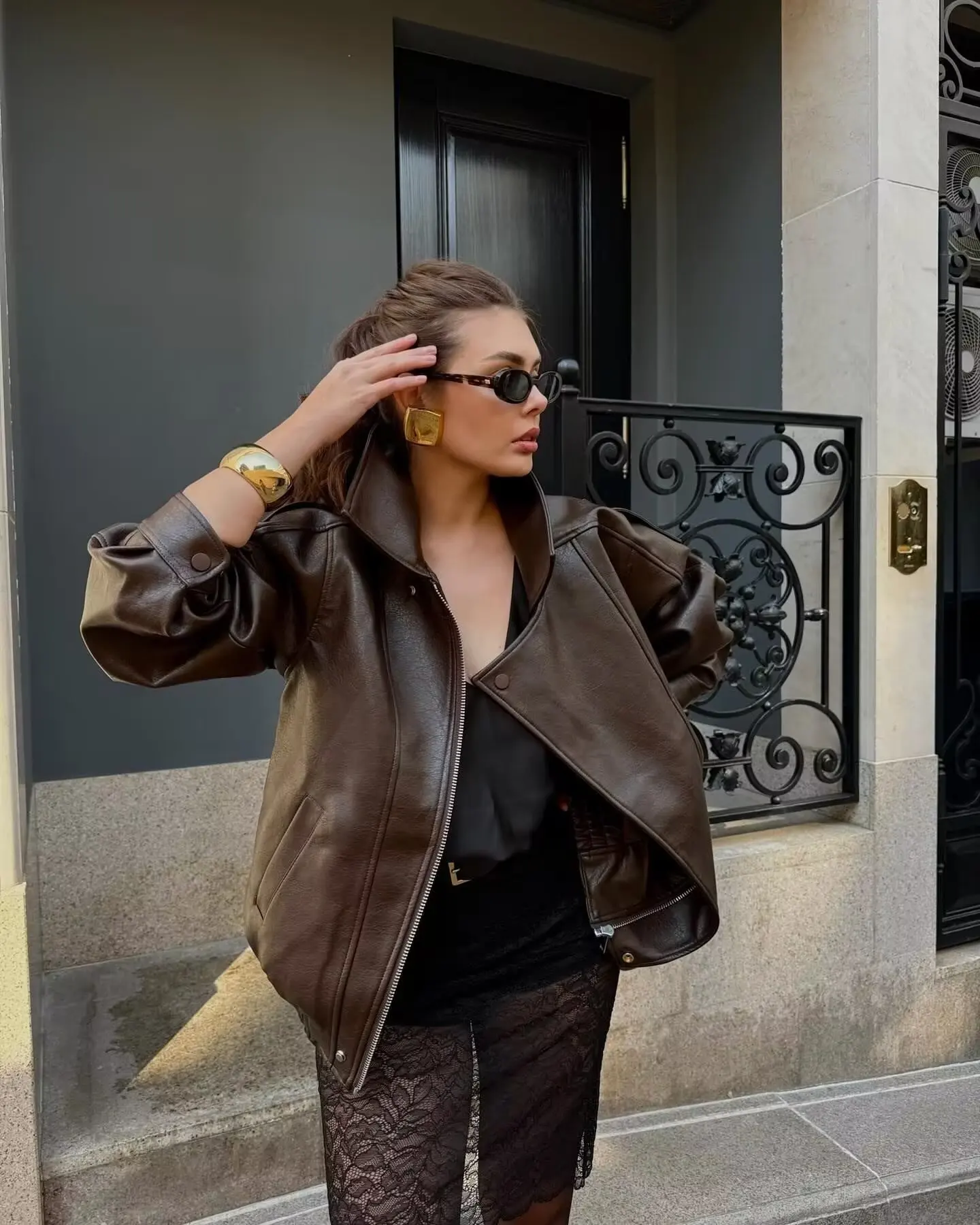 

HipSeam Women Leather Jacket with Zipper Autumn Asymmetry Turn Down Collar Long Sleeve Button Lady Coats Causal Female Chic Tops