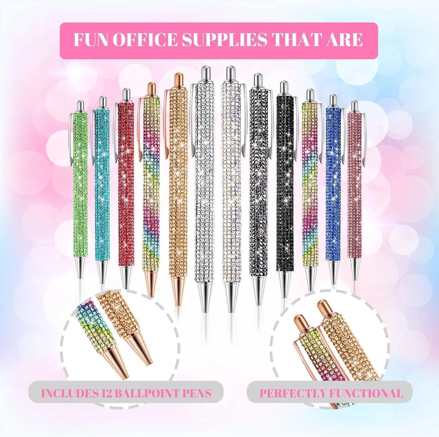 12 sztuk długopisy Rhinestone Bling metalowy długopis diament luzem fantazyjne świecący kryształ naciśnij chowany czarny tusz 0.7mm dla kobiet — zdjęcie produktu 4